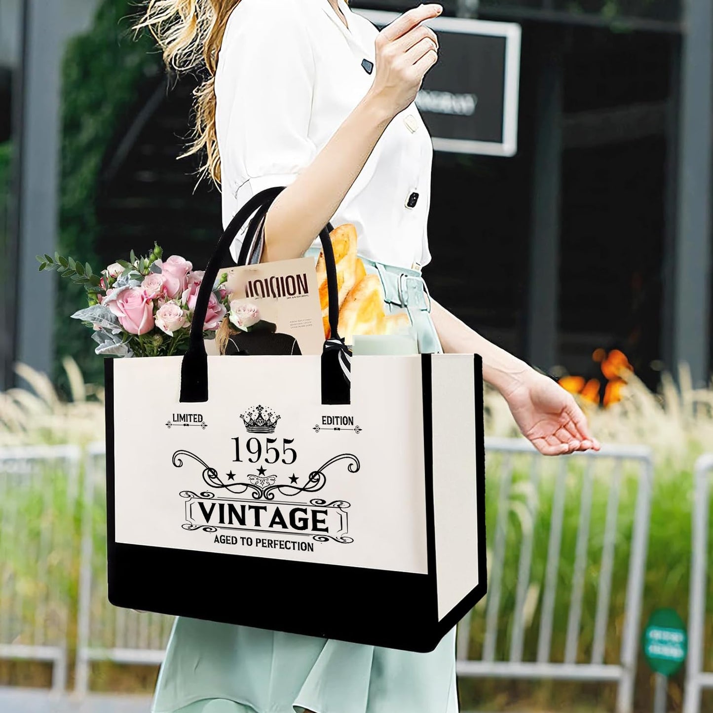 GemsLives 70th Birthday Gift for Women Canvas Tote Bag - Personalized 70 Years Old Gifts for Women/Mom/Aunt/Friends/Wife/Sister,Vintage 1955 Canvas Tote Bag+Cosmetic Bag & Back in 1955 Poster