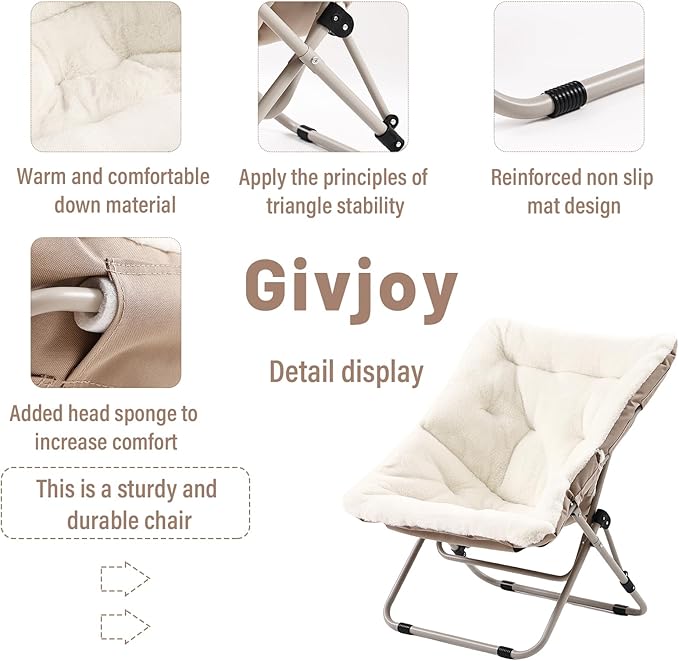 Givjoy Living Room Chair, Soft Faux Fur Folded Chair Oversized Folding Accent Chairs, Furry Lounge Lazy Chairs, Metal Frame Moon Chair for Bedroom, Living Room