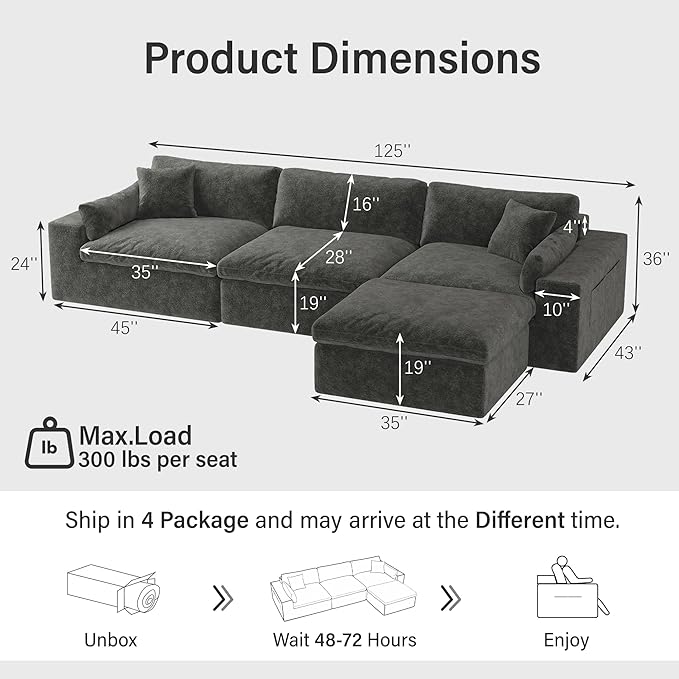 125'' Oversized Boneless Sectional Couches for Living Room, Deepseat Boneless Cloud Modular Sectional Sofa with Ottoman, No Assembly Required L-Shape Cloud Sofa, Plush Fabric, Dark Gray