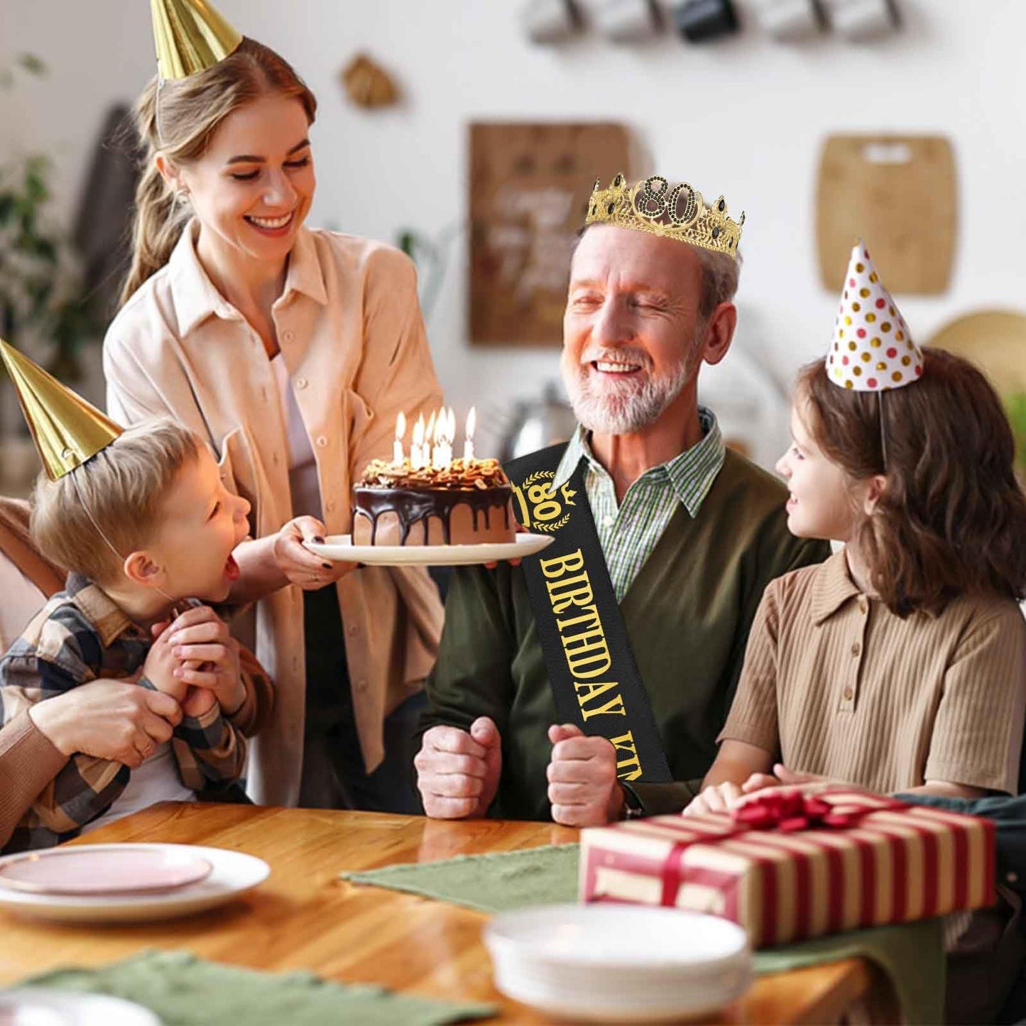 Asija 80th Birthday Gifts for Men, 80th Birthday Decorations for Men, Party Decor Supplies including King Crown & Sash & Greeting Card