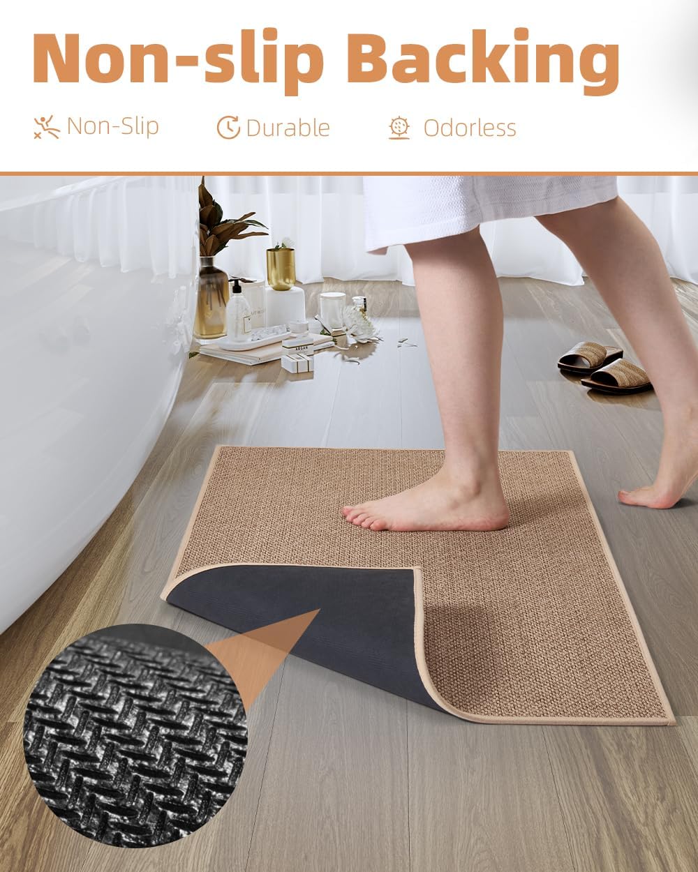PADOOR Non-Slip Bath-Mats for Bathroom, Rubber-Backing Braided Absorbent Bathroom Mat Machine Washable Thin Bathroom Rugs Fit Under Door Quick Dry Bath Rugs for Floor, 24''x47'' Beige