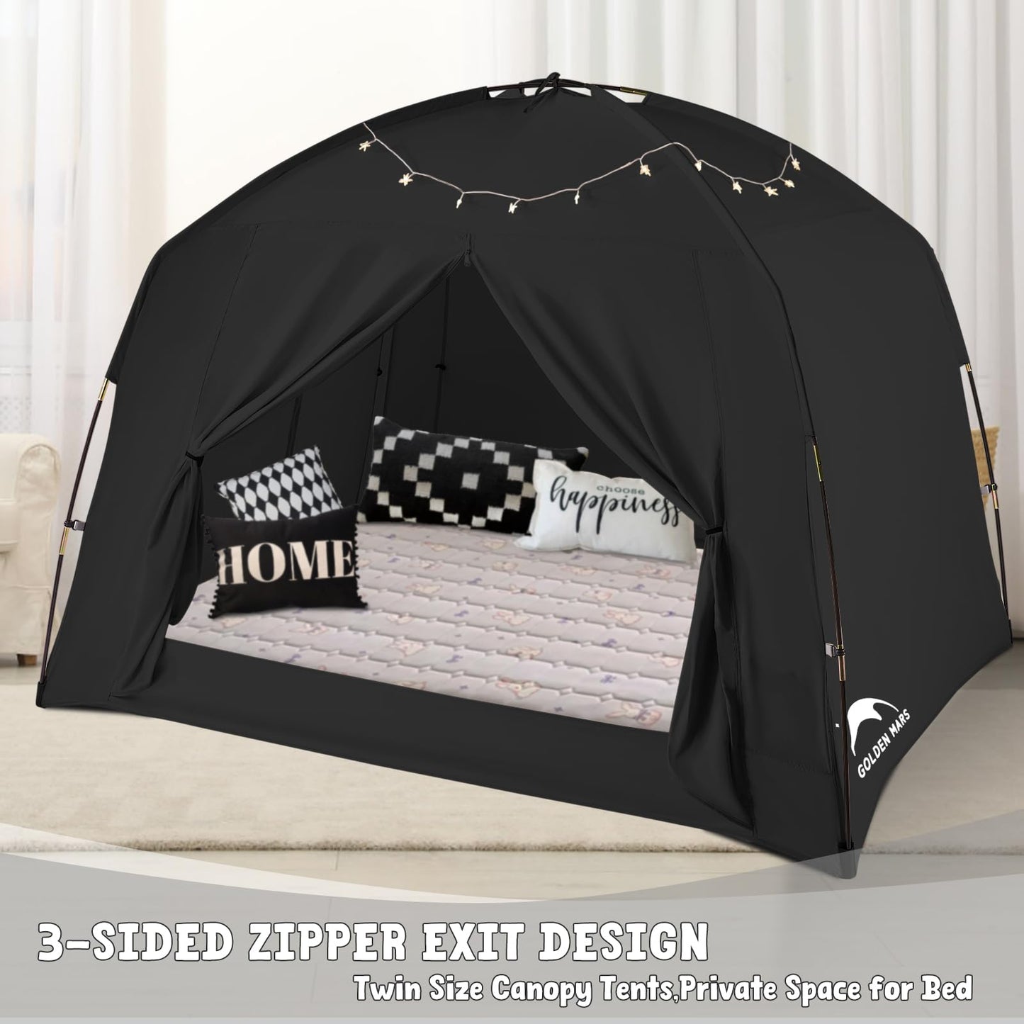 Bed Tents for Kids and Adult, Portable 100% Breathable and 93% Blackout Toddler Dream Play Tent, 3 Doors Big Privacy Space Sleeping Canopy for Floor or Twin Full Queen Sizes Bed (Black, Twin-Size)