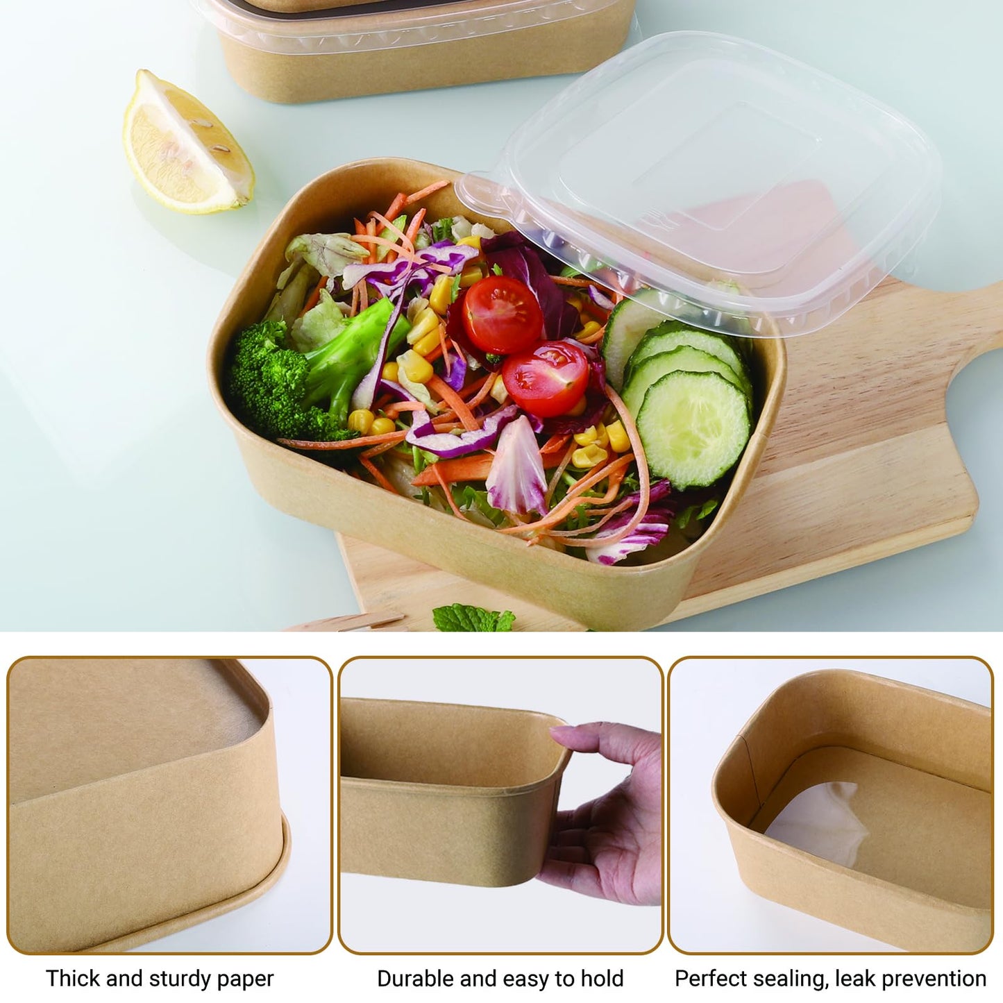 Belinlen 50 Sets 25oz Disposable Kraft Paper Bowls with Lids, Rectangle Paper Food Containers with Lids, Salad Bowls for Hot/Cold Food, Soup, Meal Prep, Ice Cream, Takeout, Party Supplies(750ml)