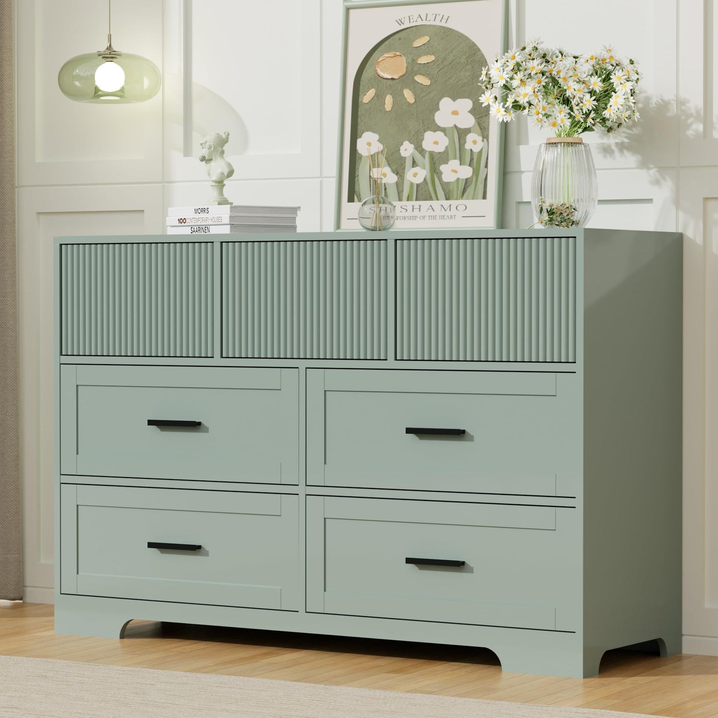 UEV Fluted Dresser for Bedroom with 7 Drawers, 47" Modern Chest of Drawers with Metal Handle, Wood TV Stand, Closet Storage Organizer for Living Room, Hallway, Green