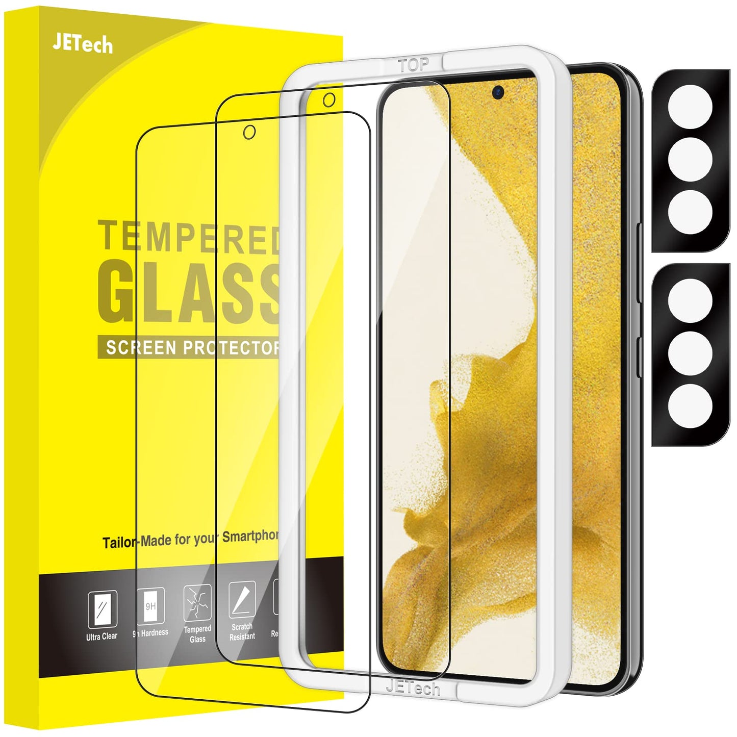 Jetech Screen Protector For Samsung Galaxy S22 5G With Camera Lens Protector, Easy Installation Tool, Tempered Glass Film, Finge