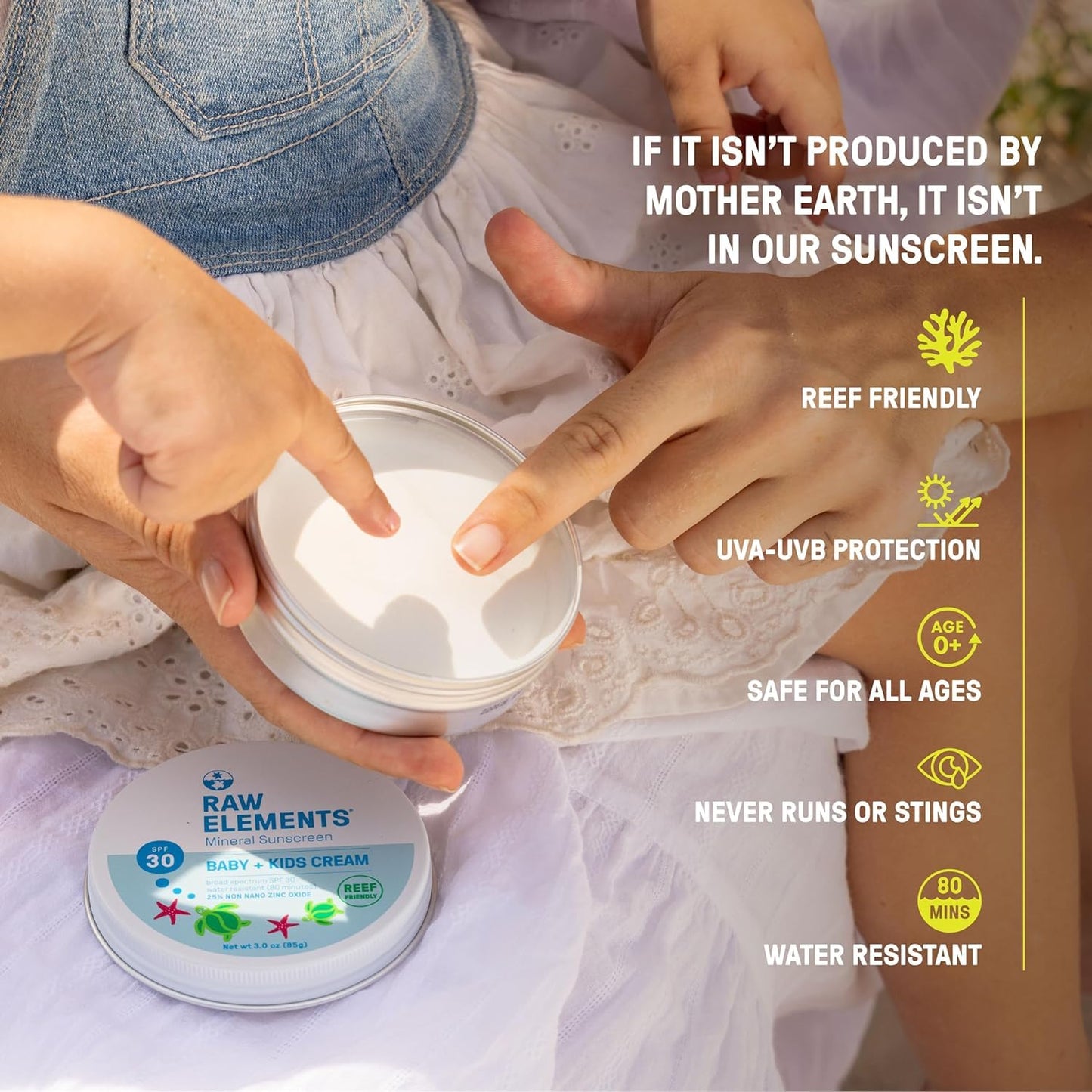 Raw Elements Baby & Kids SPF 30 Organic Sunscreen Tin, Non-Nano Zinc Oxide, Reef-Safe, Cruelty-Free, Gluten & Nut Free, W/Face a