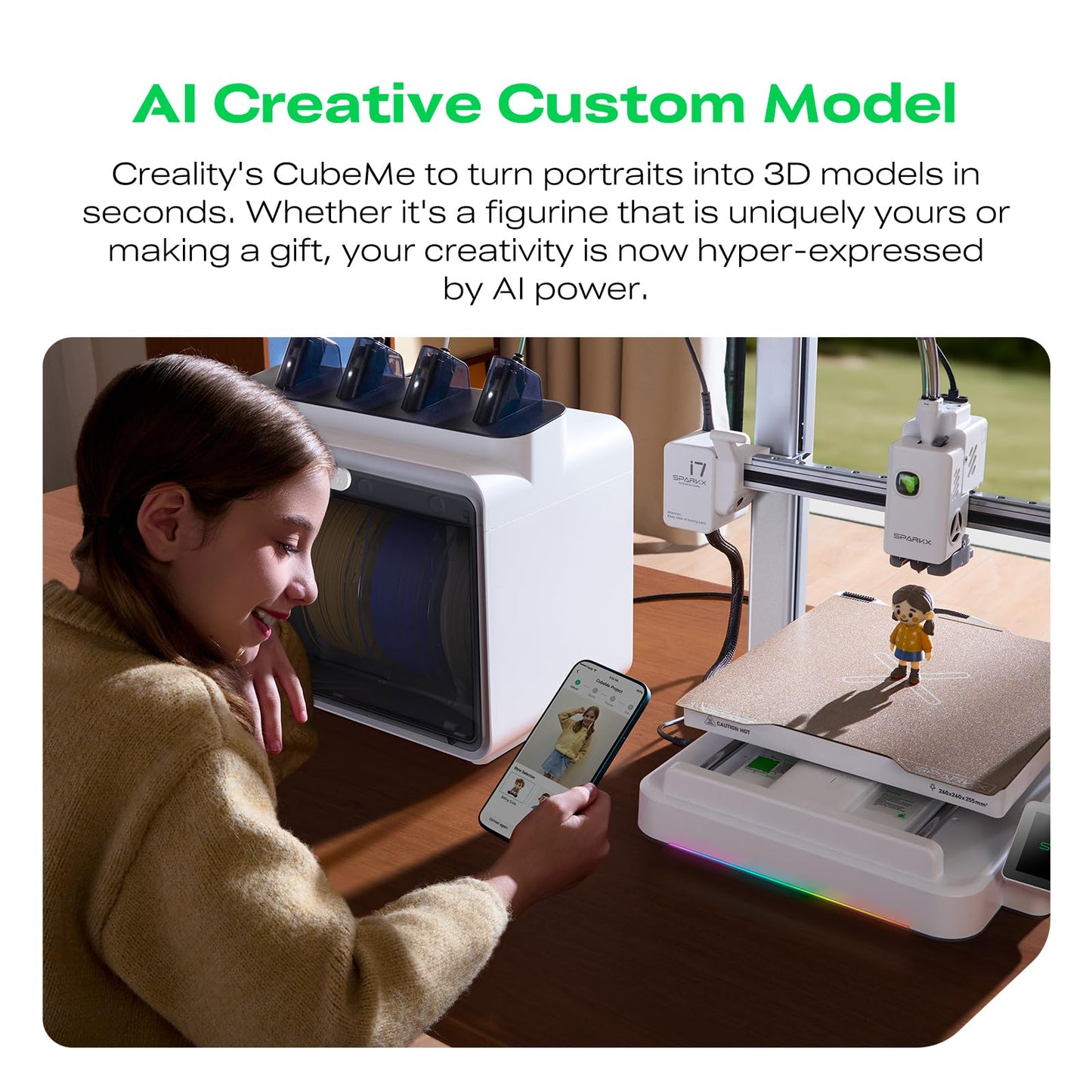 Creality SPARKX I7 Combo 3D Printer, Multi Color with CFS Lite AI Photo to 3D Printing 500mm/s High Speed Auto-Leveling RGB Light 95% Pre-Assemble Essential Parts Low Noise 10.24×10.24×10 inch