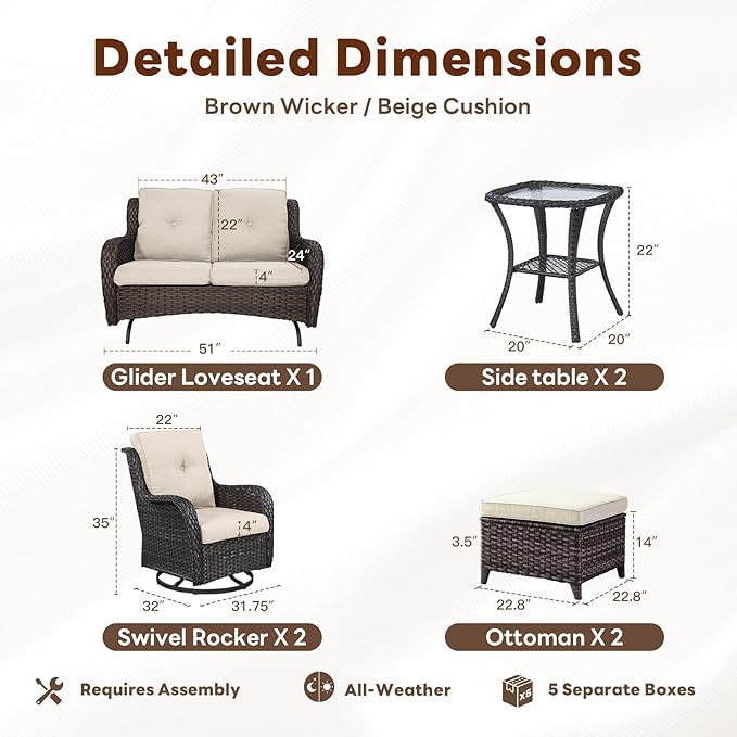 Belord Outdoor Patio Furniture Set - 7 Piece Brown Wicker Conversation Patio Furniture Set All Weather Swivel Chairs with Ottoman and Loveseat Glider Chair for Deck Balcony Backyard