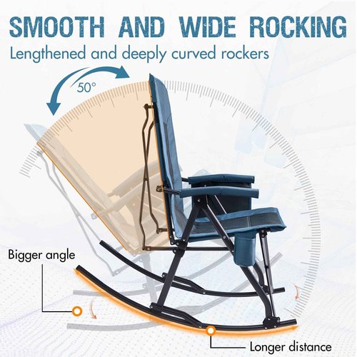 PORTAL Oversized Folding Rocking Camping Chair Portable Outdoor Rocker with High Back Hard Armrests Carry Bag, Supports 400 lbs, Mesh Back, Blue