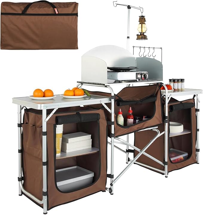 VEVOR Camping Kitchen Table, Folding Outdoor Cooking Table with Storage Carrying Bag, Aluminum Cook Station 3 Cupboard & D...