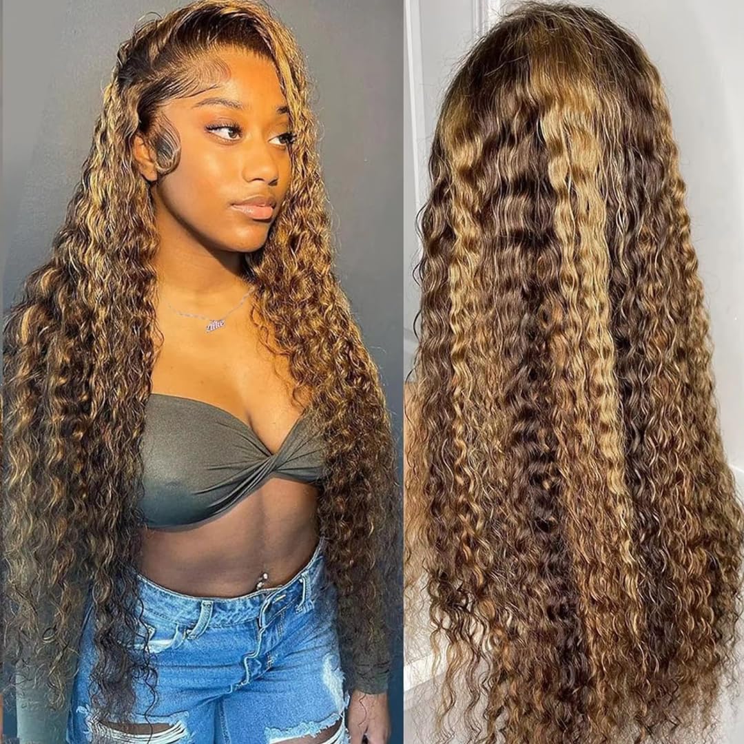 KFgood Ombre Lace Front Wig Human Hair 26inch Highlight 13x4 HD Deep Wave Wig Human Hair 200% Density 4/27 Colored Honey Blonde