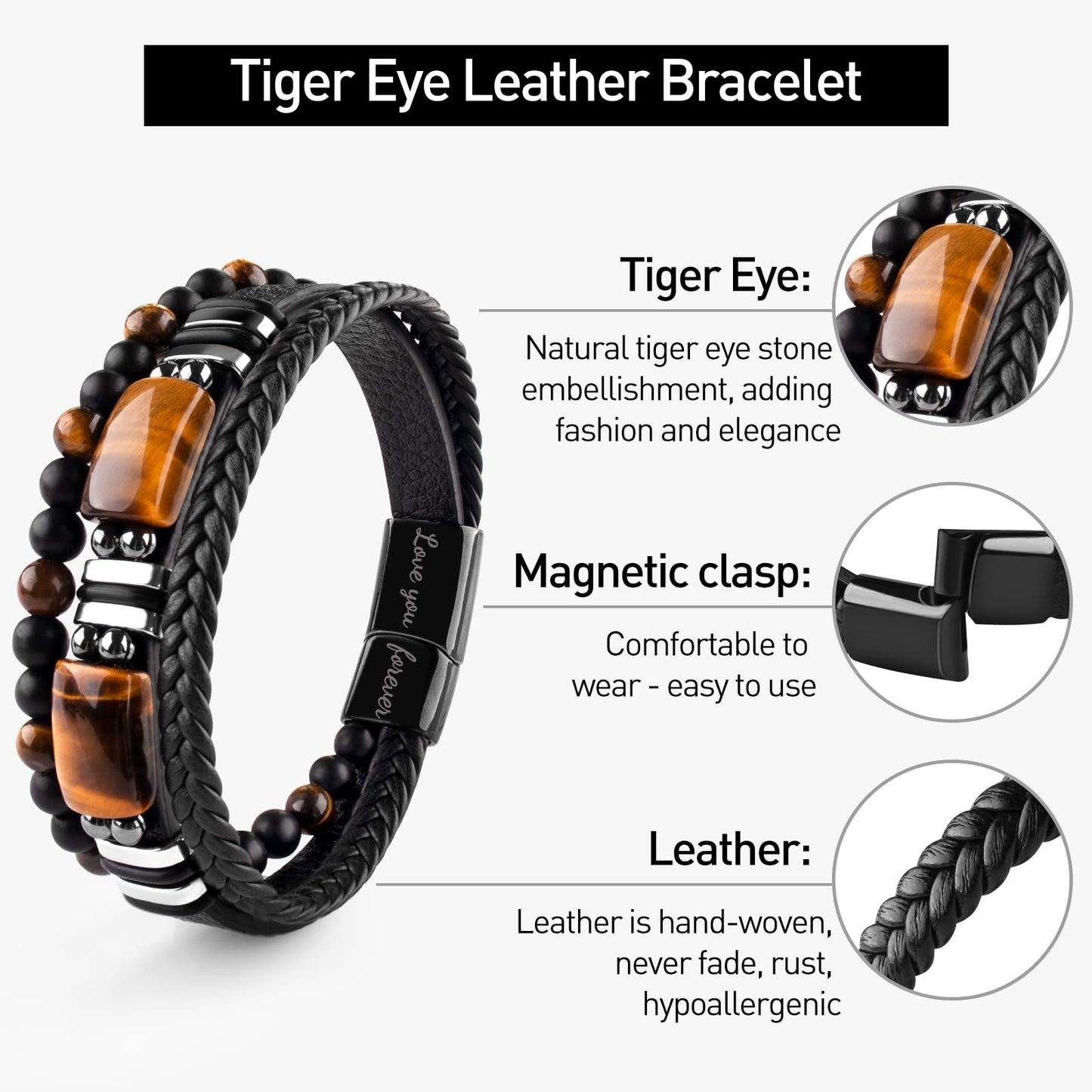 Leather Bracelets for Men Natural Tiger Eye Black Obsidian Healing Crystal Beaded Bracelets Set Birthday Christmas Commemorative gifts for Dad Son Grandson Man Boyfriend Brother (Black-To My Son)