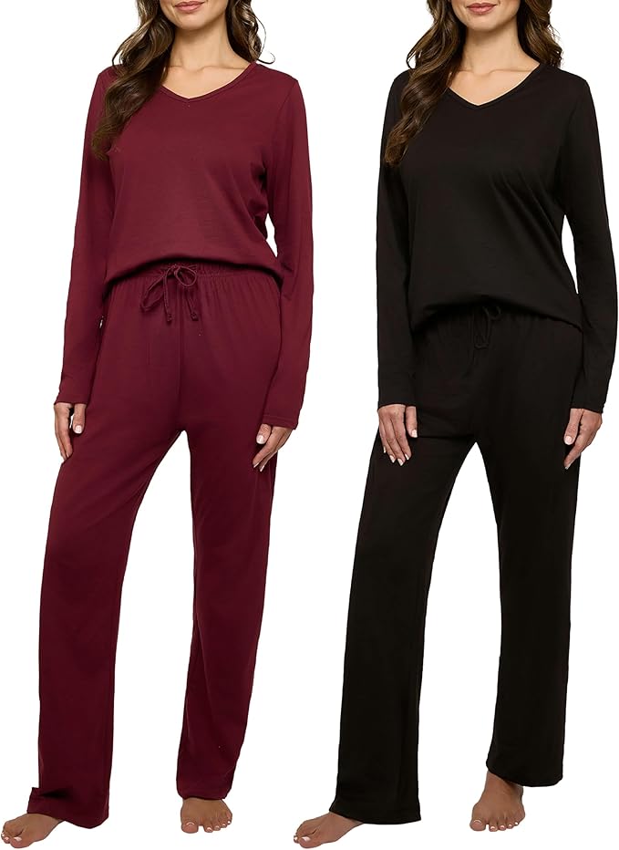 Real Essentials 2 Pack Women's Soft Cotton Long Sleeve Pajama Set with Pants - Lounge Sets for Women (Available In Plus)