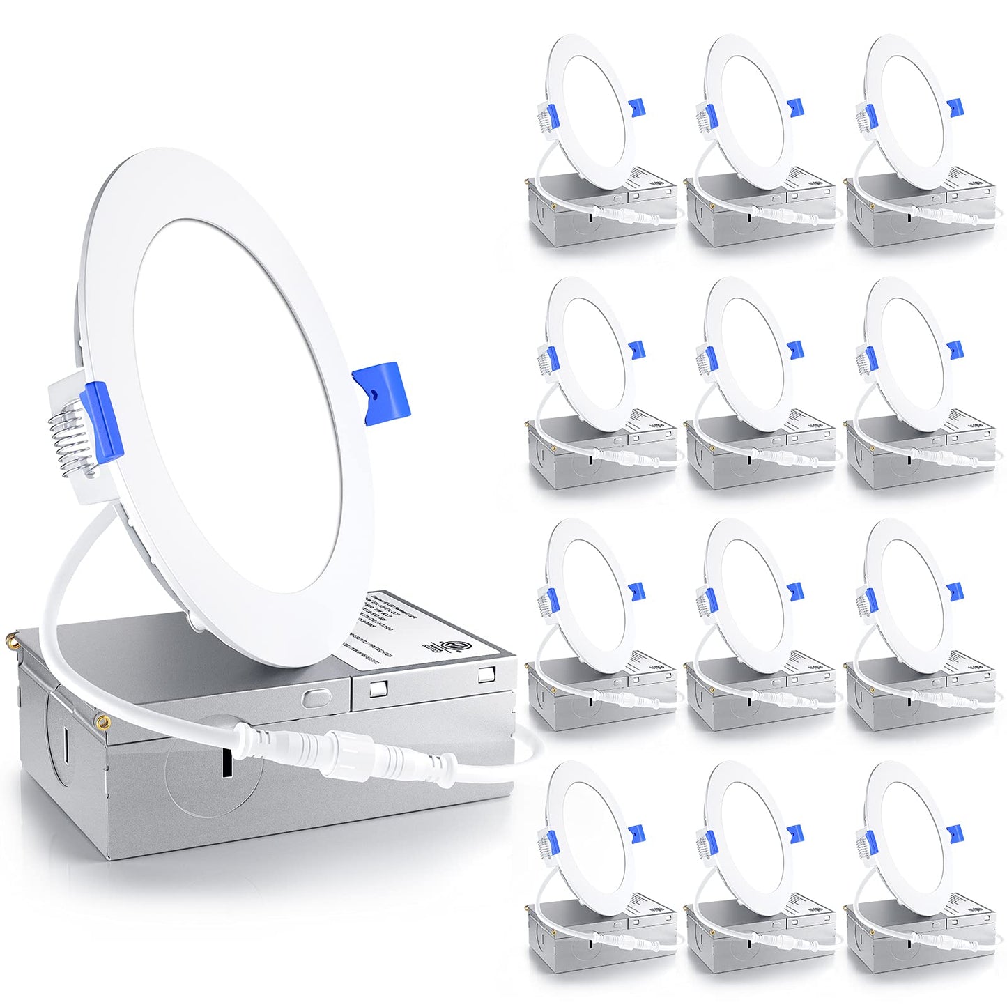 Ensenior 12 Pack 4 Inch LED Recessed Light, Dimmable, 5000K Daylight, 750LM High Brightness, 9W 120V, Damp Rated, ERL-9X-ETL, Ultra-Thin Canless Wafer Light - ETL & FCC & IC