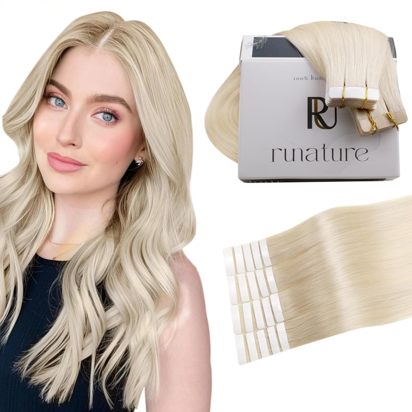 RUNATURE Blonde Tape in Hair Extensions Human Hair 14 Inch Seamless Invisible Tape in Extensions Real Hair Short White Blonde Ta