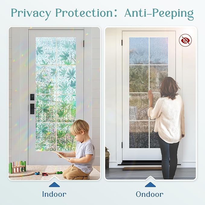 Haton Window Privacy Film, Rainbow Decorative Film, Stained Glass Window Clings, Static Cling UV Blocking Heat Control Tint Sticker for Home Door, Leaf Rainbow, 35.4" x 157.4" Non-Adhesive