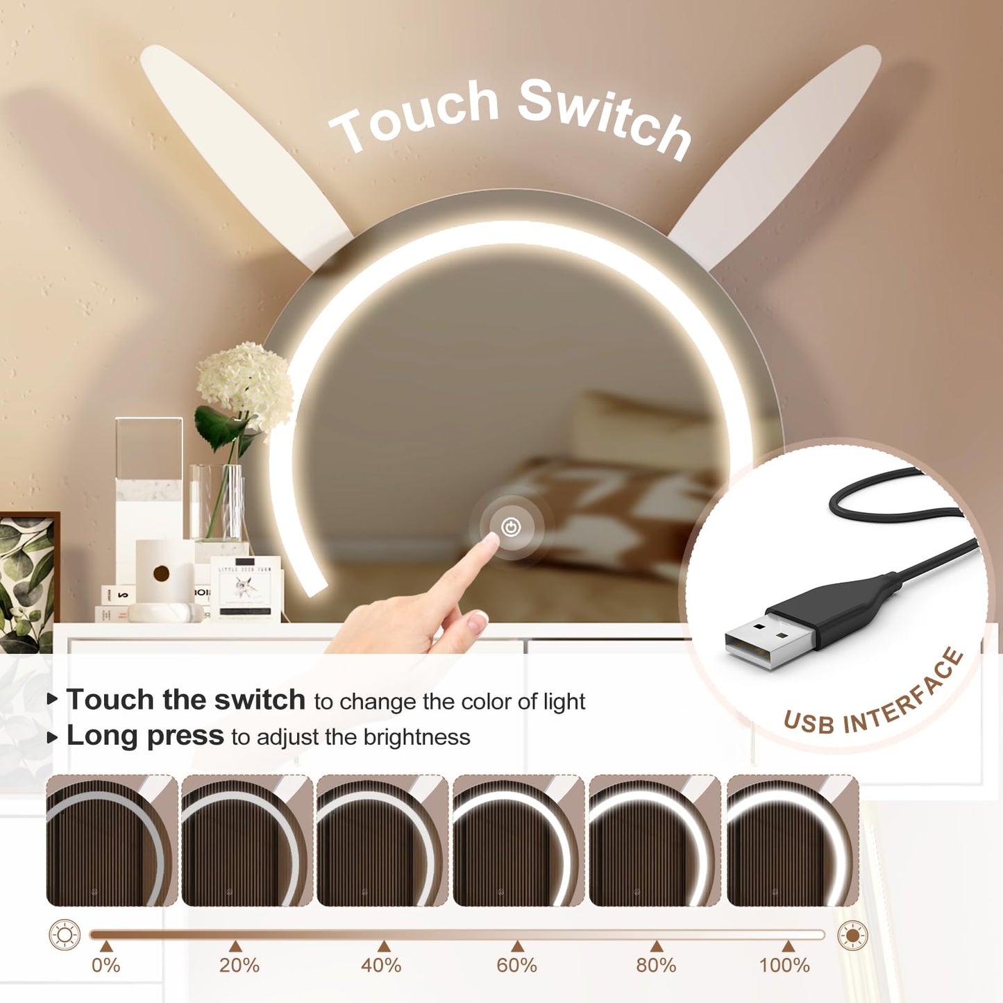 MUSSTUFIC Vanity Desk with Mirror and Lights,Makeup Table with 5 Drawers and Led Lighted Mirror in 3 Colors for Bedroom,Dressing Table(White)