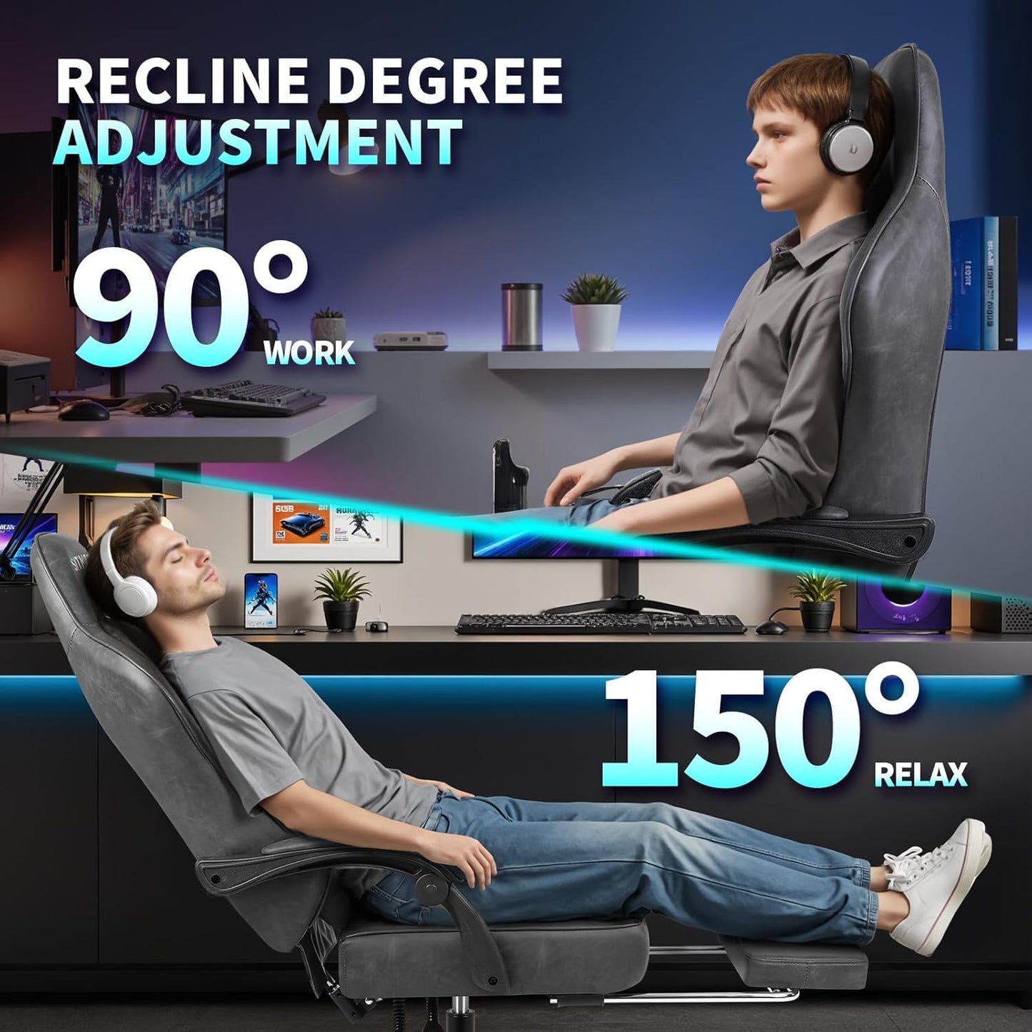 Gaming Chair with Footrest- Ergonomic Gaming Chairs for Adults, Heavy Duty Big and Tall Computer Chair with Reclining Back, Lumbar Support Headrest, Comfortable Gamer Chair for Game Office Silla Gamer