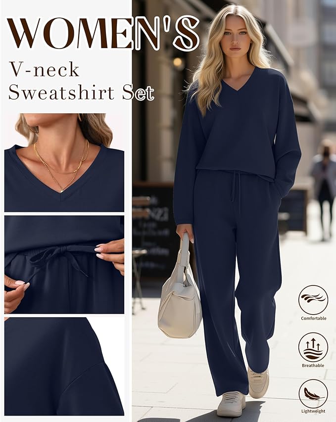 JoyMotion 2 Piece Women's Sweatsuit, V Neck Oversized Tracksuit Wide Leg Pant Fall Lounge Set Long Sleeve Sweatshirts Outfit