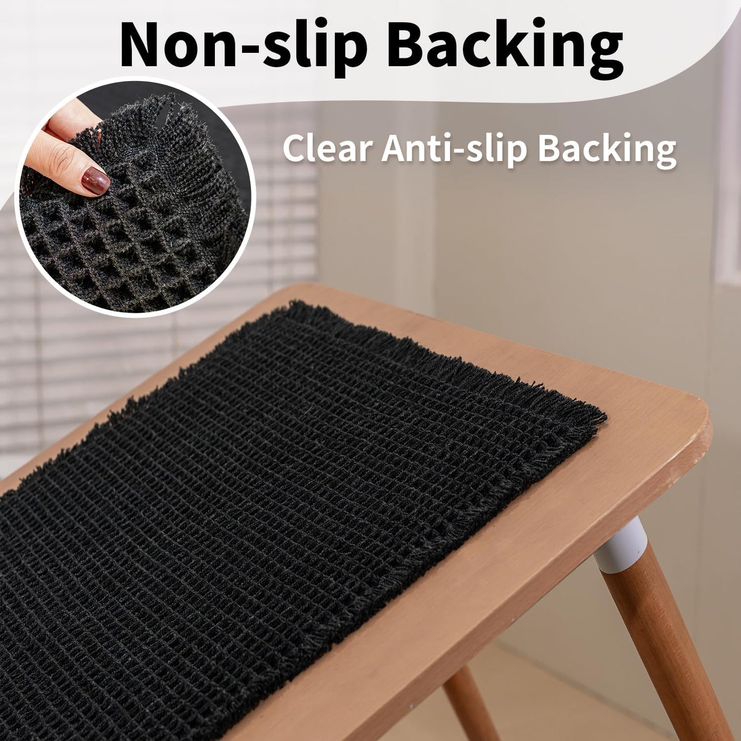 Black Bathroom Rug - Waffle Bath Mat Non Slip Washable, Super Absorbent & Quick Dry, Boho Bath Mat Farmhouse Bathroom Decor, 24'' x 48'', Black