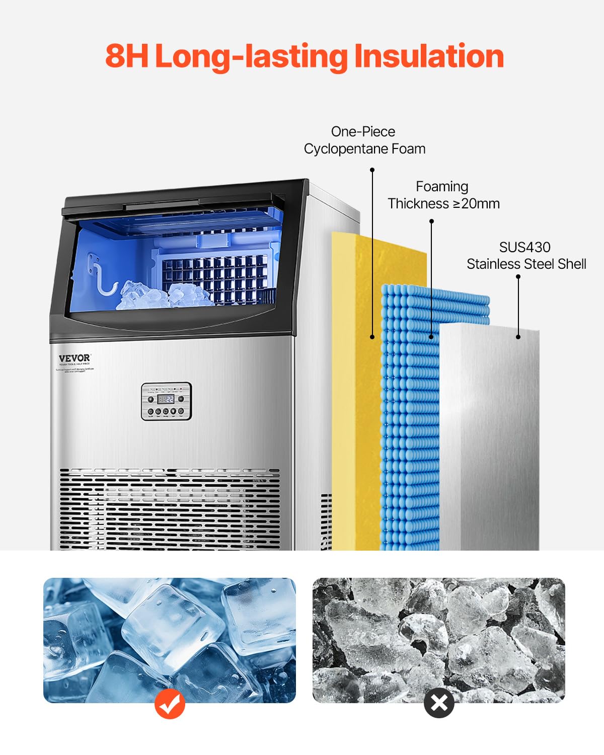 Vevor 90Lbs/24H Commercial Ice Maker Machine With Drain Pump, 33Lbs Storage Capacity Ice Maker, 50 Ice Cubes In 15 Minutes, Led