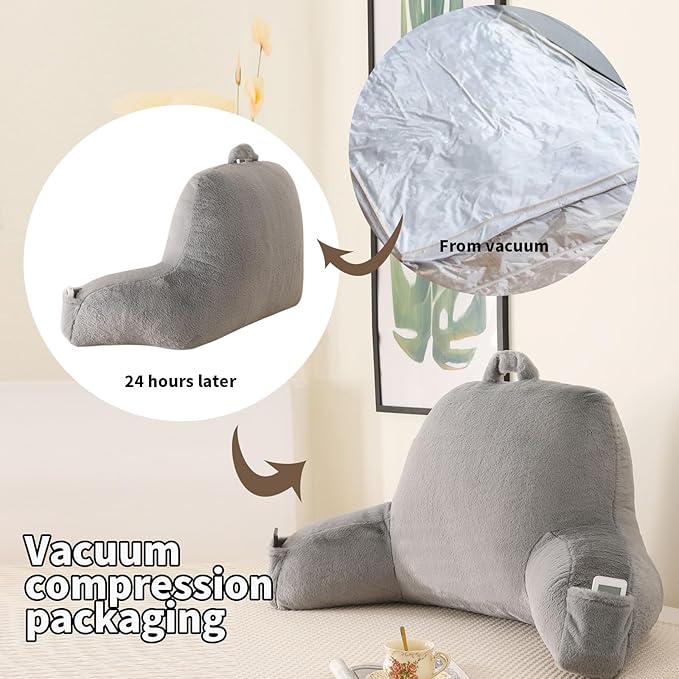 PAJEO Reading Pillow for Sitting in Bed, Large Backrest Reading Pillow with Arm Rest,Back-Rest Support Cushion for Sit Up on Couch, Sofa, and Floor, Dorm Essentials (Gray Faux Fur, Large(19"))