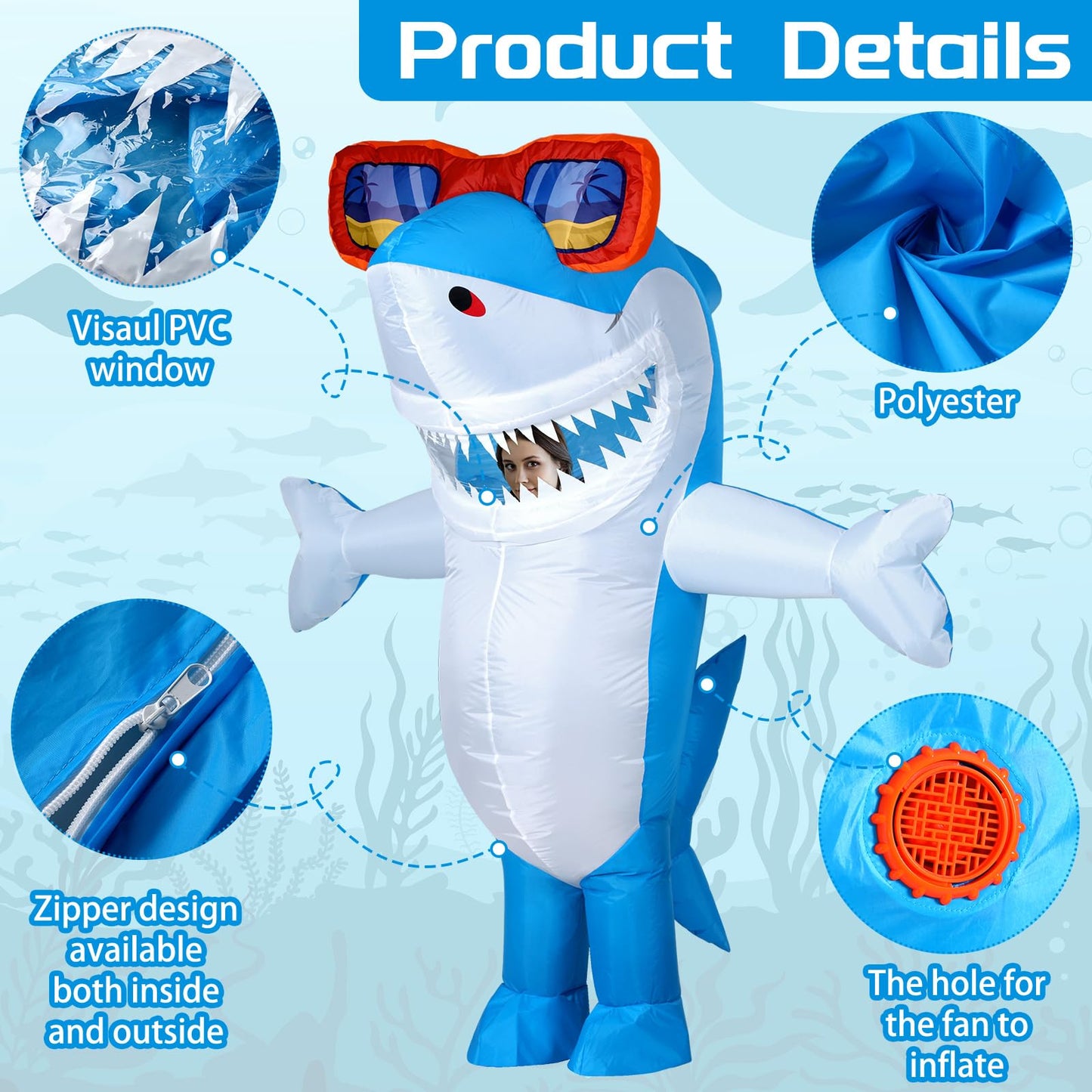 Foaincore Inflatable Shark Costumes for Adult Halloween Costumes Shark Air Blow up Costume Party(63-78.7 Inch,Blue)
