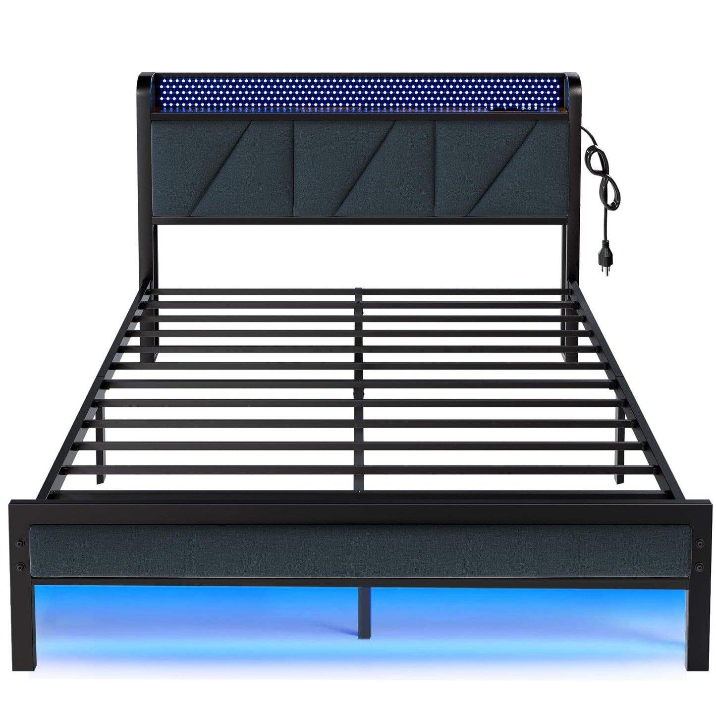 Furnulem Queen Size Bed Frame with Headboard and LED Lights, Upholstered Bedframe with Charging Station and USB Port, Platform Metal Bed Frames, No Box Spring Needed, Noise Free