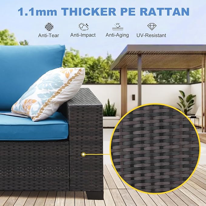 SunloungeCo 7 Pieces Outdoor Patio Furniture Set, Wicker Conversation Sets with Tea Table, Rattan Patio Sofa with Thick Cushions for Garden, Backyard Porch, Poolside,Peacock