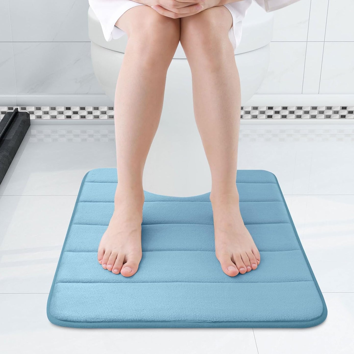 Buganda Memory Foam U-Shaped Contour Toilet Rugs, Non Slip Absorbent, Thick Soft Washable Bathroom Mat, Floor Carpet Bath Rugs Mat for Toilet Base (24" x 24", Blue)