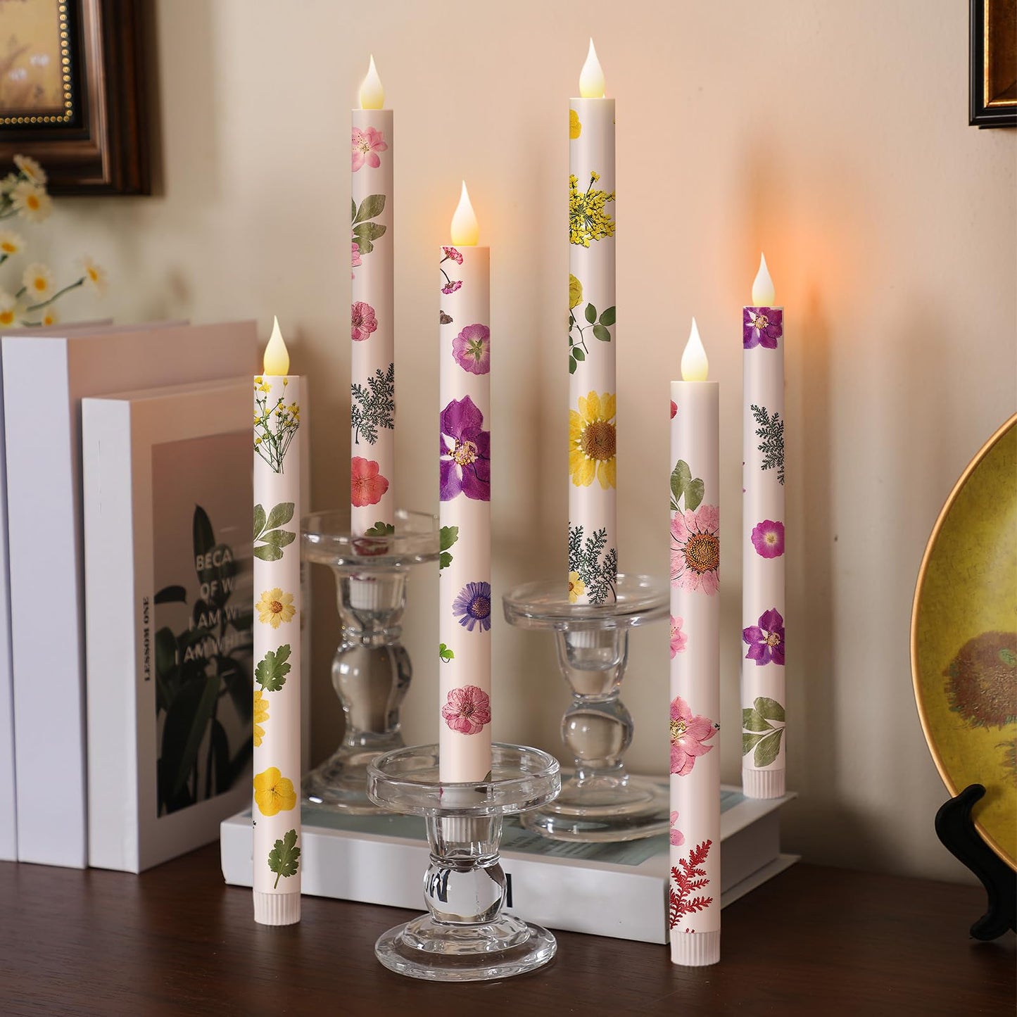 Nuanchu 6 Pcs Floral Taper Candles 10.6 Inch Pastel Flameless Candles Colored Battery Operated Dried Flower Candlestick Led Pres