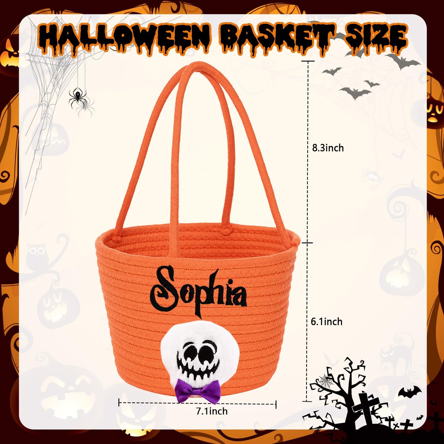 Personalized Halloween Basket Custom Embroidered Name Halloween Trick or Treat Bag for Kids Custom Ghost Bucket