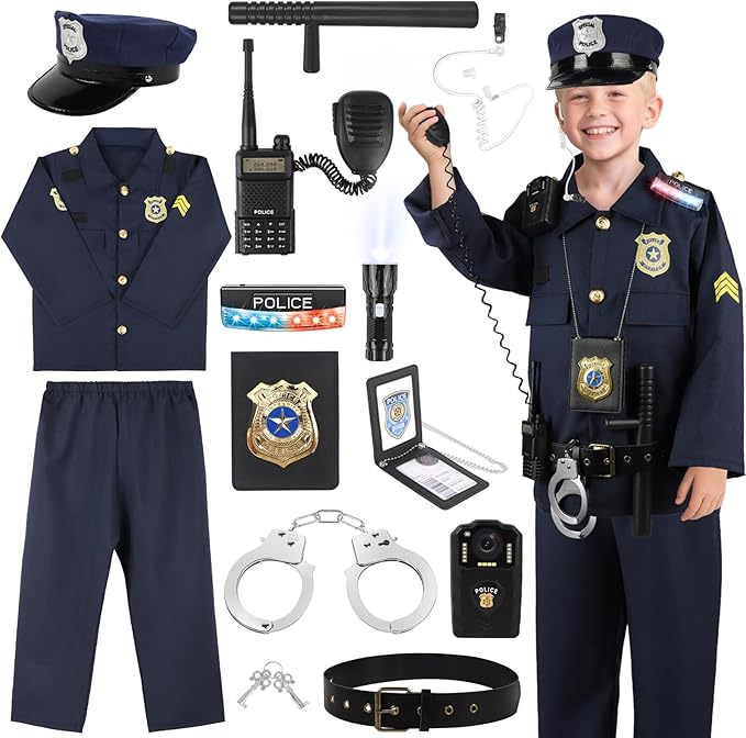 IVENRXIU Police Costume for Kids, Cop Pretend Play Toys for Dress Up, Role Play Set with Handcuffs, Flashlight, Police Bad...