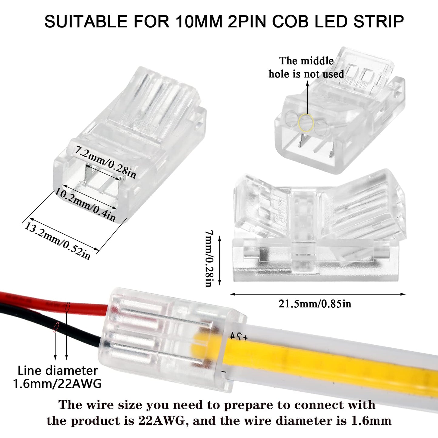 Flutesan COB LED Strip to Wire Connector 20 Pieces Waterproof LED Adapter Connectors Transparent Solderless LED Light Strip for Unwired Gapless Track Lighting(2 Pin, 10 mm)