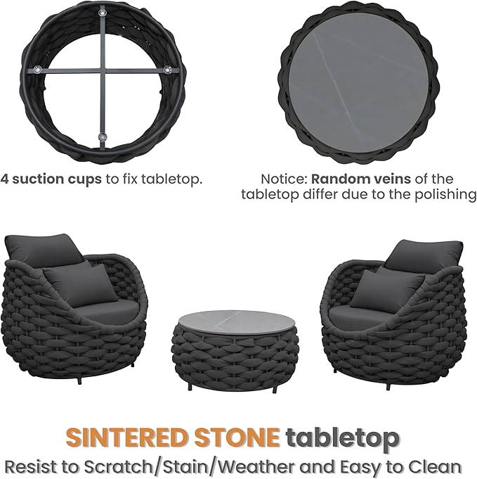 Erotr Deck Furniture Set: 3 Pieces Aluminum Woven Rope Patio Conversation Sofa Set for 2, Comfy Cushions Couch Armchair Table Set Assembled, 400lbs for Porch Balcony Pool Bistro Yard Hotel - Dark Gray