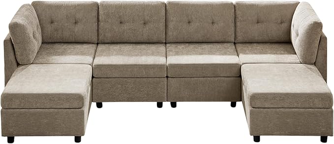 VANOMi 4 Seater Modular Cloud Sofa with 2 Ottomans, 118" Sectional Sofas & Couches for Living Room, Comfy Chenille Cloud Sectional Couch Sofas for Living Room, Apartment, Office, Camel, U Shaped