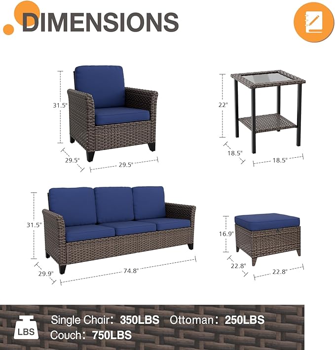 COOS BAY Harbor Retreat 6 Piece Outdoor Furniture Set, Patio Conversation Set with Patio Chairs, 3 Seat Couch, Side Table and Ottomans, Wicker Furniture, Brown/Blue