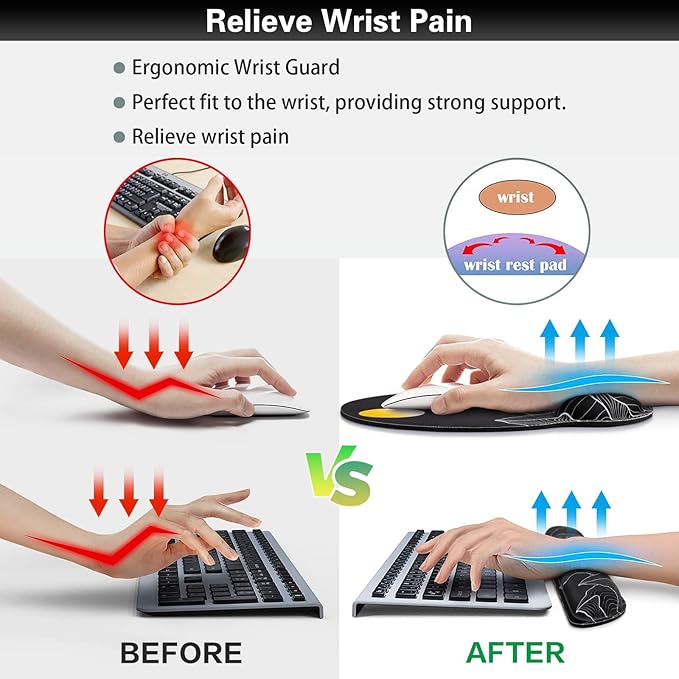 Mouse Pad Black, Ergonomic Keyboard Wrist Rest, Mouse Pad with Wrist Rest Black, Gaming Mousepad with Wrist Support, Memory Foam Wrist Rest Set for Computer Keyboard, Office Desk Accessories