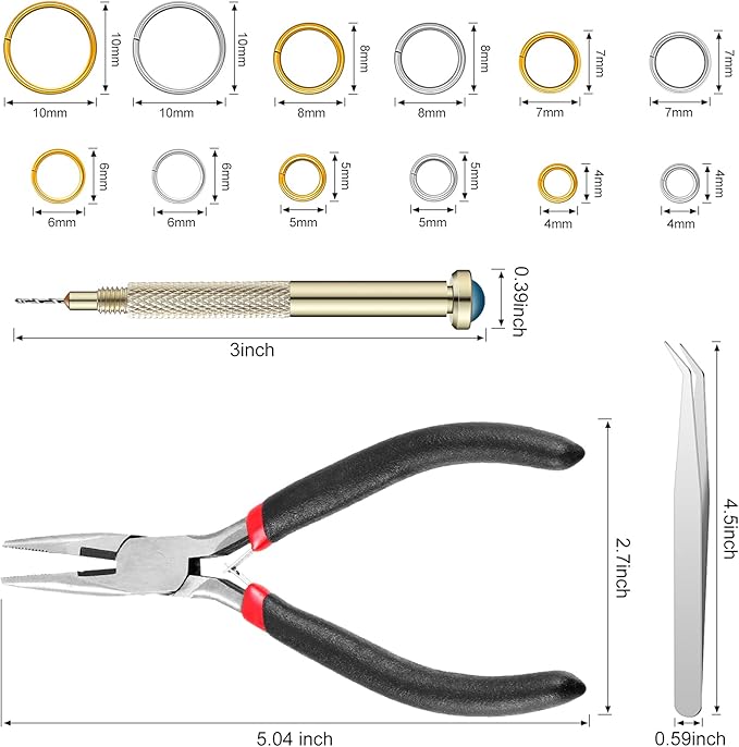 1014 Pieces Nail Dangle Charm Piercing Tool Hand Drill, Nail Charms 6 Sizes Jump Ring Connector with Jump Ring Open Close Tool Pliers and Tweezers for Jewelry Making(Gold, Silver)
