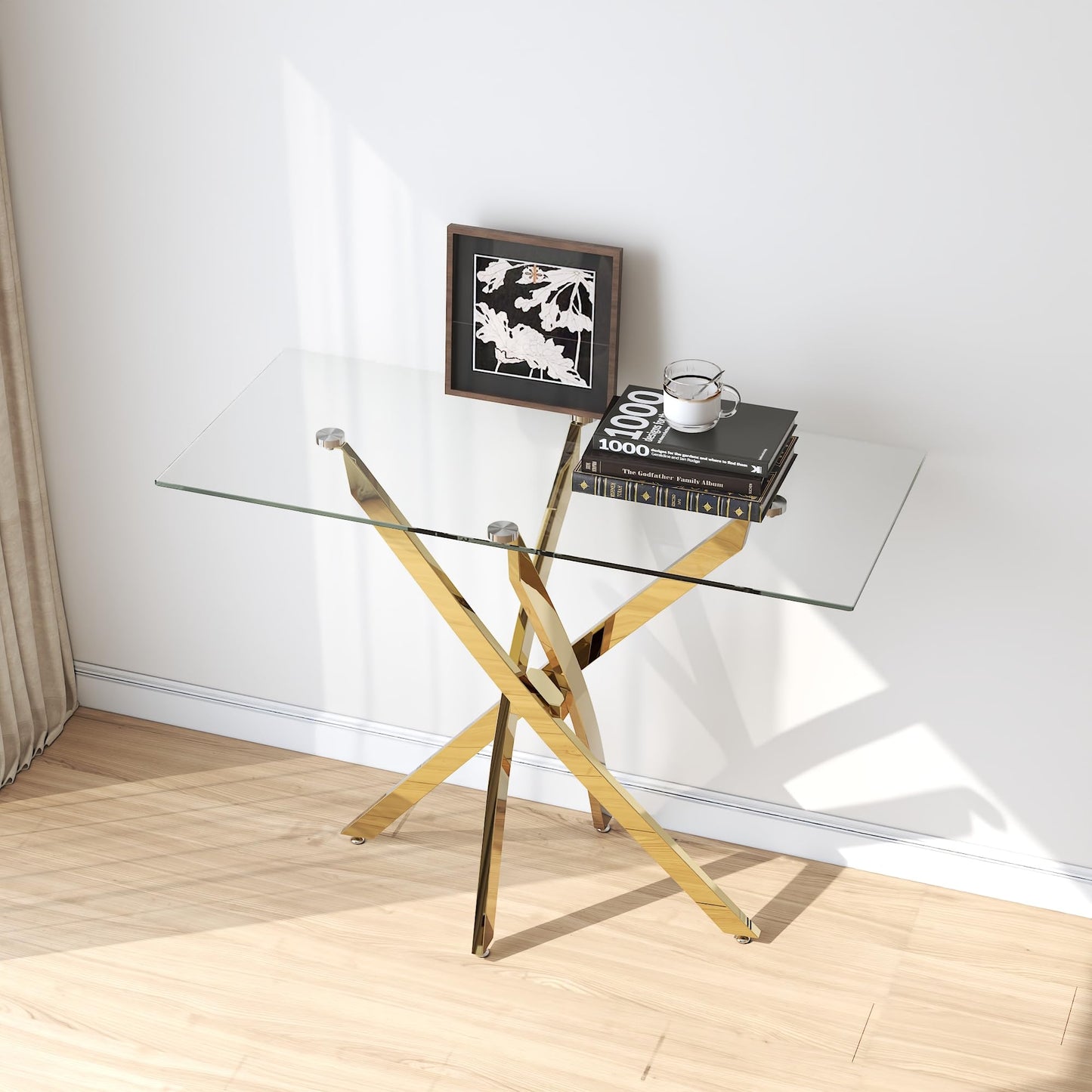 NIERN Tempered Glass Console Table with Chromed Legs, Modern Narrow Sofa Table for Hallway Entryway (Gold, 39"x18"x30")