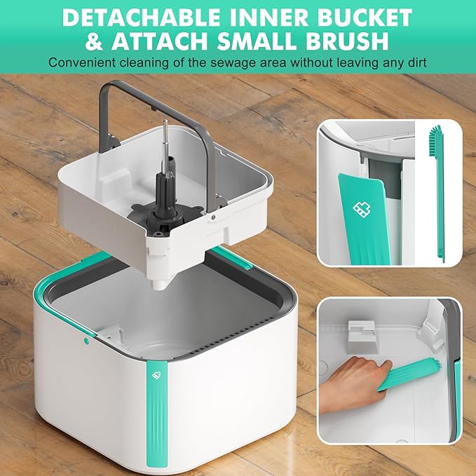 Upgraded Self-Standing Spin Mop and Bucket System, Detachable Inner Mop Bucket Separates Dirty Water & 90° Foldable Head, Triple-Scrub System, 0.9Gal Dual Drainage, for Hardwood Floors (Blue 2 Pads)