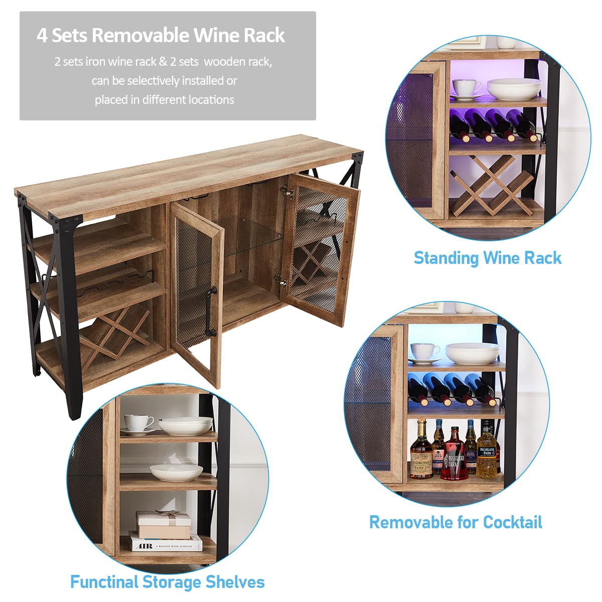 Vabches 58" Wine Cabinet with Wine Rack Storage,Home Bar for Liquor and Glasses, Farmhouse Coffee Bar Cabinet, Liquor Cabinet for Home Living Room Dining Room