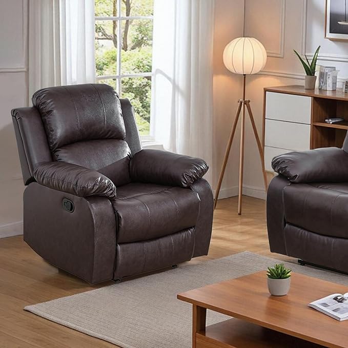 JBXBER Manual Recliner Sofa Set for Living Room, Leather Reclining Sofa Sets, Faux Leather Couch Set with Cup Holders, Drop-Down Table and Storage Console(Chair,Brown)