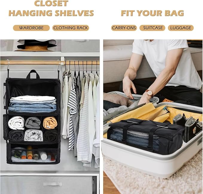 Large Capacity Hanging Organizer - Travel, Suitcase Compression, Luggage Packing, Clothes Closet, Portable Storage Shelves, Includes Shoe Bag
