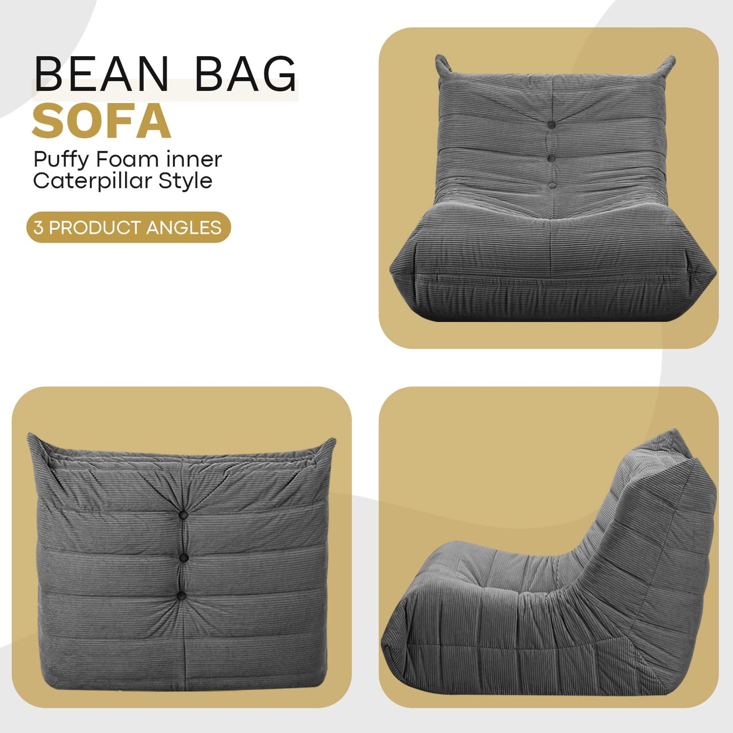 Hsundries Bean Bag Chairs for Adults, Memory Foam Couch Sofa Chair,One-Piece Foam Padding,Cozy Corduroy Material Bean Bag Chair,Bean Bag Sofa for Reading in Bedroom Living Room and Dorms，Gray