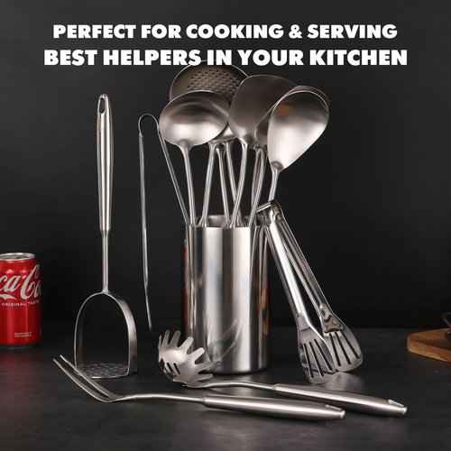18/10 Stainless Steel Kitchen Utensils Set - 12 PCS All Metal Cooking Tools & 15″ Serving Utensils - Potato Masher, Meat Fork, Tongs, Turner, Pasta, Serving Spoon, Skimmer, Ladle, Spatula Spoon Set