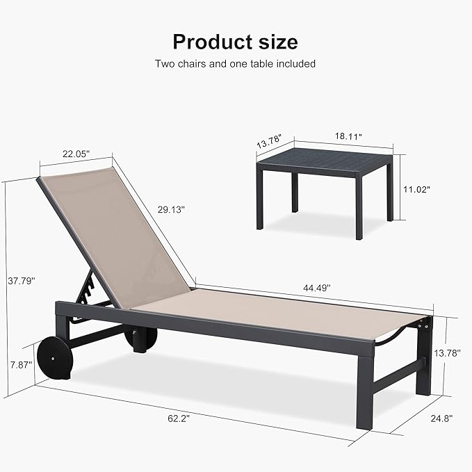 PURPLE LEAF Patio Lounge Chair Set for 2 Outdoor Chaise Lounge with Adjustable Backrests and Easy-to-Move Wheels Aluminum Reclining Pool Chair for Outside Yard Poolside Table Included, Sand Beige