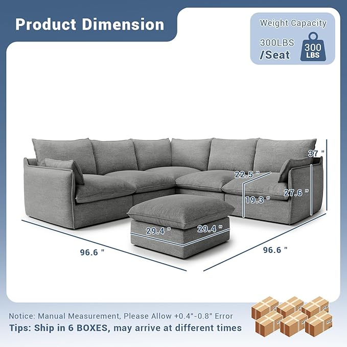 Lopzeho Cloud Modular Sectional Sofa, Waterproof Down Filled Sectional Sofas, High Backrest V Shaped 5 Seater Sectional Couch with Ottoman, Modern Modular Couch with Removable Cover, Dark Gray