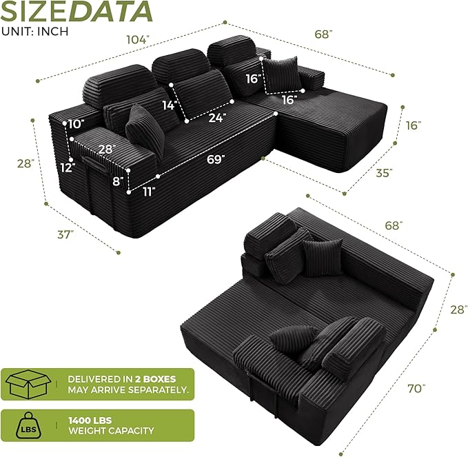 104" L-Shaped Cloud Modular Sectional Sofa with Chaise & Headrest, Boneless Deep Seat Plush Corduroy Couches for Large Living Room, No Assembly Required (Black, 104" L-shapred Chaise)