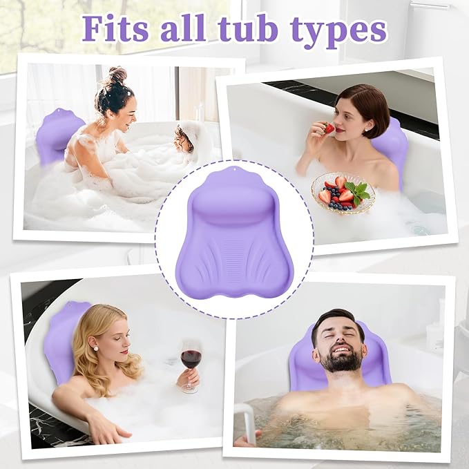 Silicone Bath Pillow for Tub Adults, 4D Air-Cushion Bathtub Pillow for Head Neck and Back Support, Non-Slip Suction Cups, Quick-Drying Waterproof Spa Pillow, Easy to Clean & Store